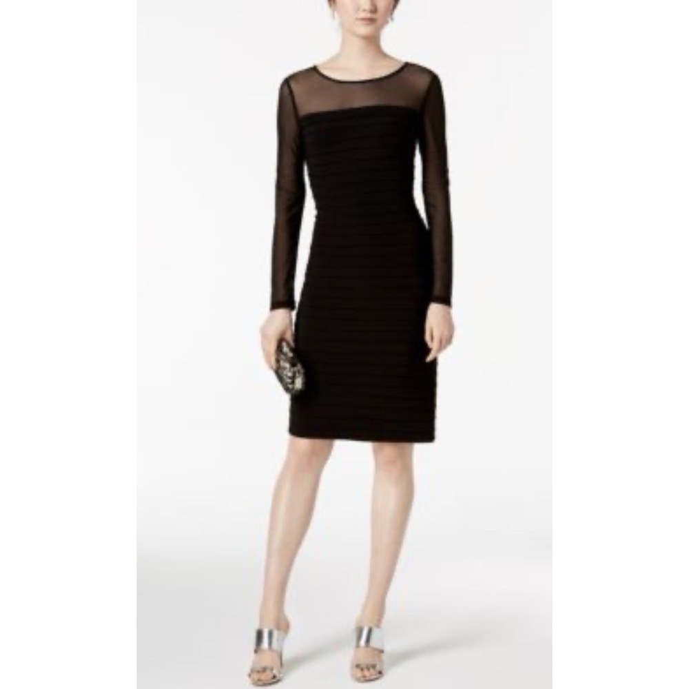 Adrianna Papell Black Illusion Yoke 3/4 Sleeves Tiered‎ Cocktail Dress Size 6